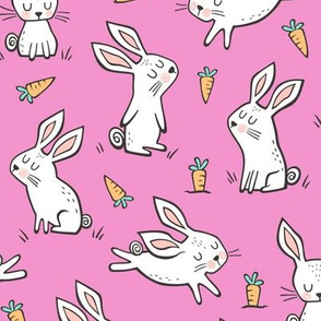 Bunnies Rabbits & Carrots On Pink