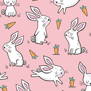 Bunnies Rabbits & Carrots On Light Pink