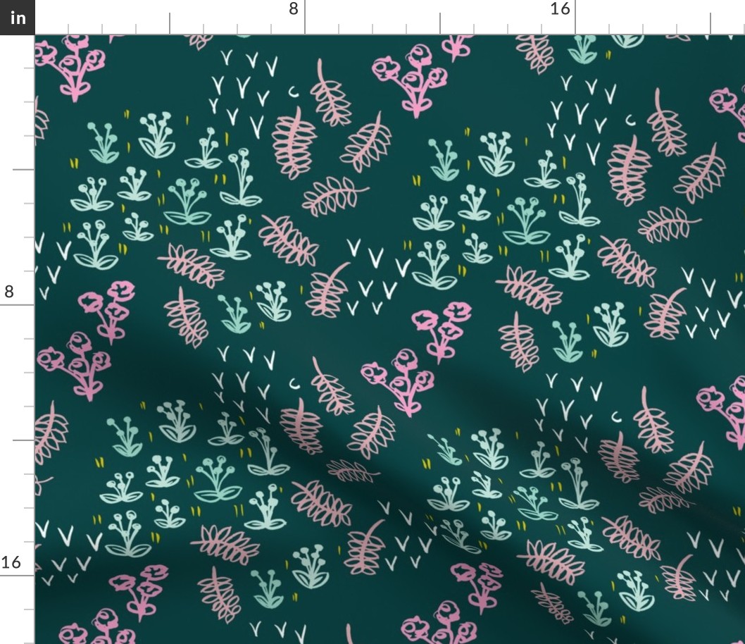 Teal poppy and flower winter garden modern abstract botanical designs pink mint