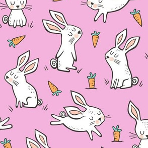 Bunnies Rabbits & Carrots On Magenta Pink