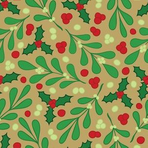 Mistletoe & Holly - tan background