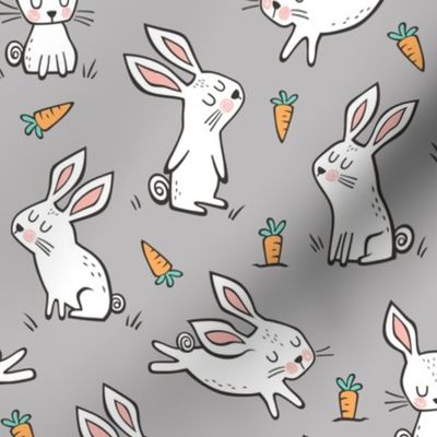 Bunnies Rabbits & Carrots On Grey