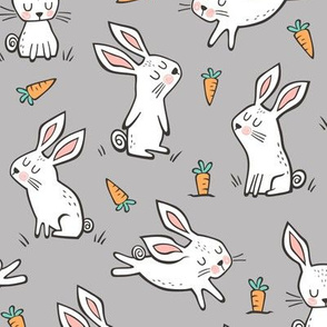 Bunnies Rabbits & Carrots On Grey