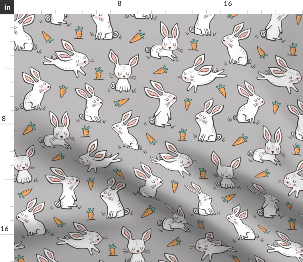 Bunnies Rabbits & Carrots On Grey