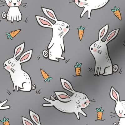 Bunnies Rabbits & Carrots On Dark Grey