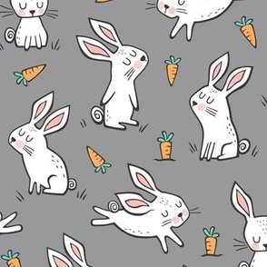 Bunnies Rabbits & Carrots On Dark Grey