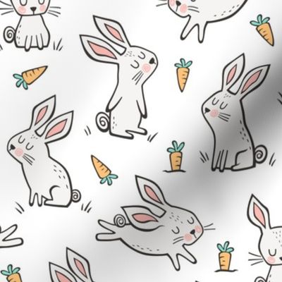 Bunnies Rabbits & Carrots On White