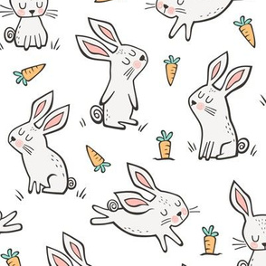 Bunnies Rabbits & Carrots On White