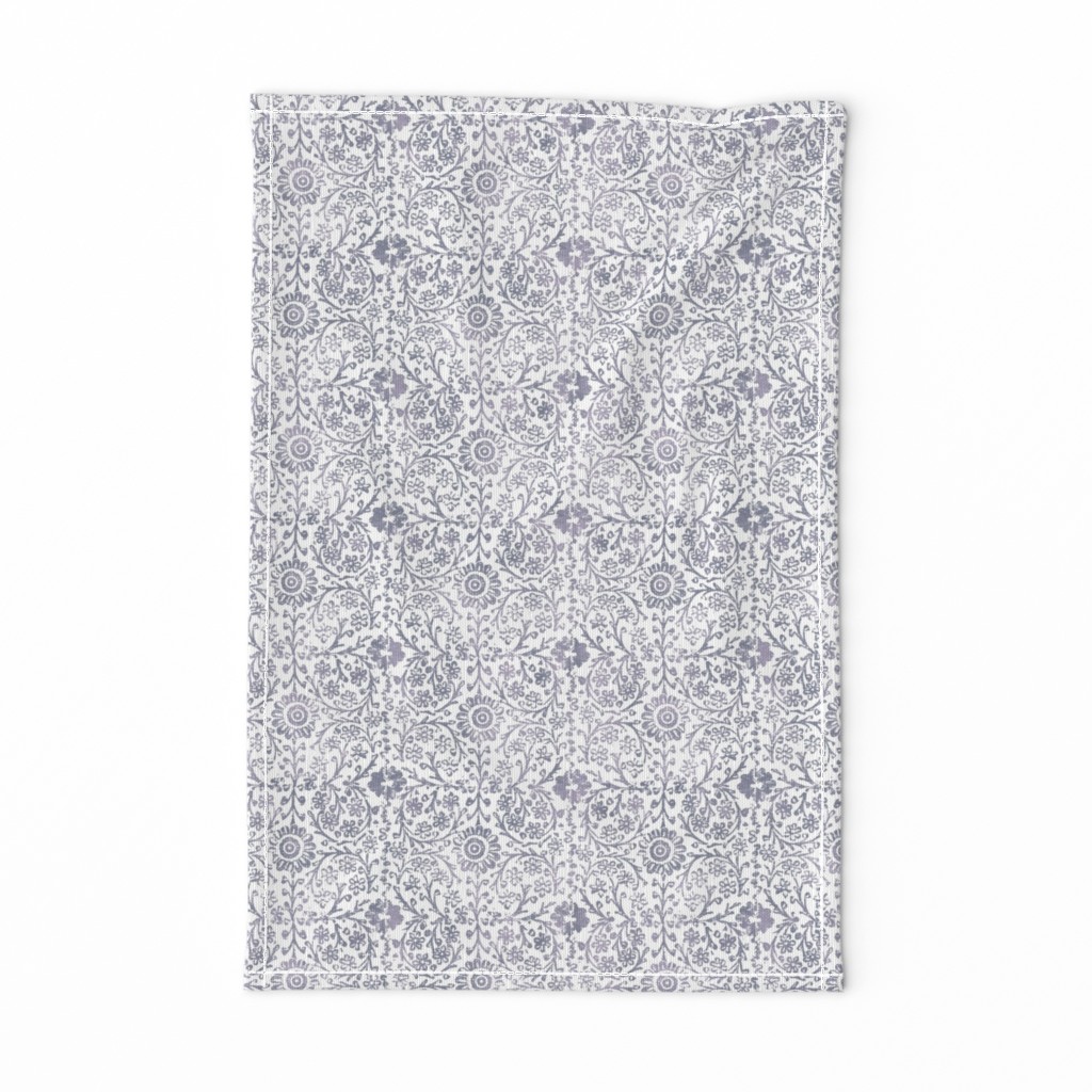 Indian Woodblock in Silver on White | Rustic silver floral, hand block printed pattern in gray and white, botanical print, silver gray block print design.