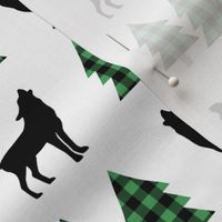 Wolf and Pine Trees (kelly green / black plaid)