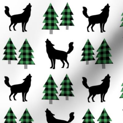 Wolf and Pine Trees (kelly green / black plaid)