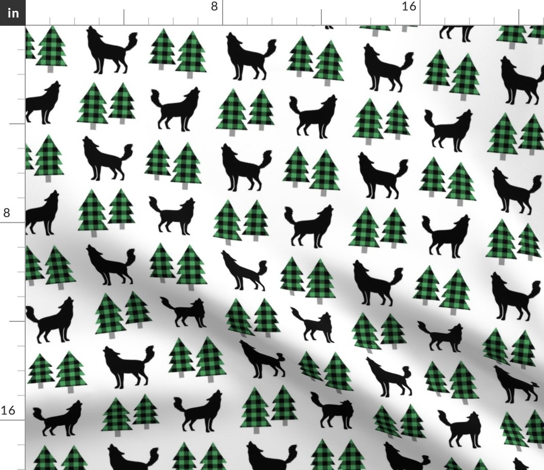 Wolf and Pine Trees (kelly green / black plaid)