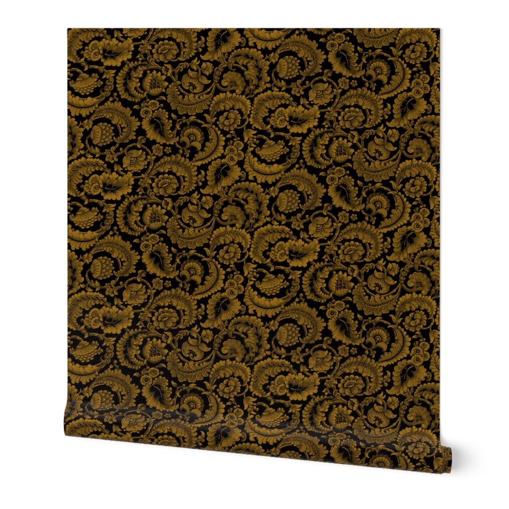 Almack's Blocked Floral ~ Faux Gold on Black