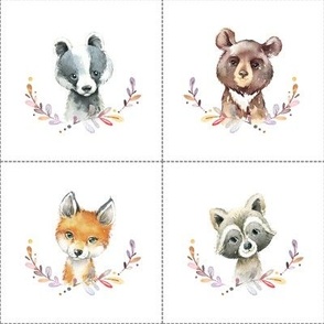 4" Nature Trails animal blocks (FOX, RACCOON, WOLF, BADGER, BEAR, DEER) with dotted cutting lines, DIY quilt