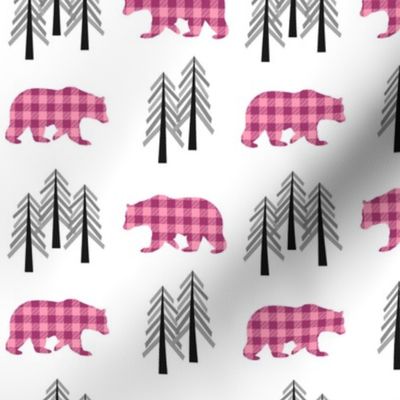 Woodland Bear Baby Design – Raspberry + Pink Plaid Bears Buffalo Plaid Check Forest Baby Girl Nursery Bedding