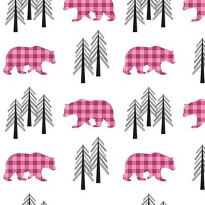 Woodland Bear Baby Design – Raspberry + Pink Plaid Bears Buffalo Plaid Check Forest Baby Girl Nursery Bedding