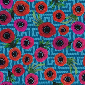 Anemone Floral with Greek Key