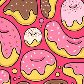 Cartoon liquid funny donuts pattern. Sweet pastry design. Red.