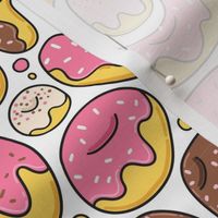 Cartoon liquid funny donuts pattern. Sweet pastry design. White.