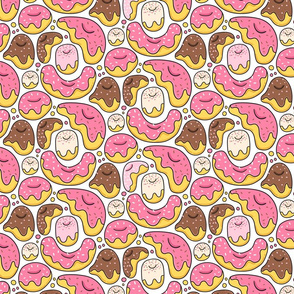 Cartoon liquid funny donuts pattern. Sweet pastry design. White.