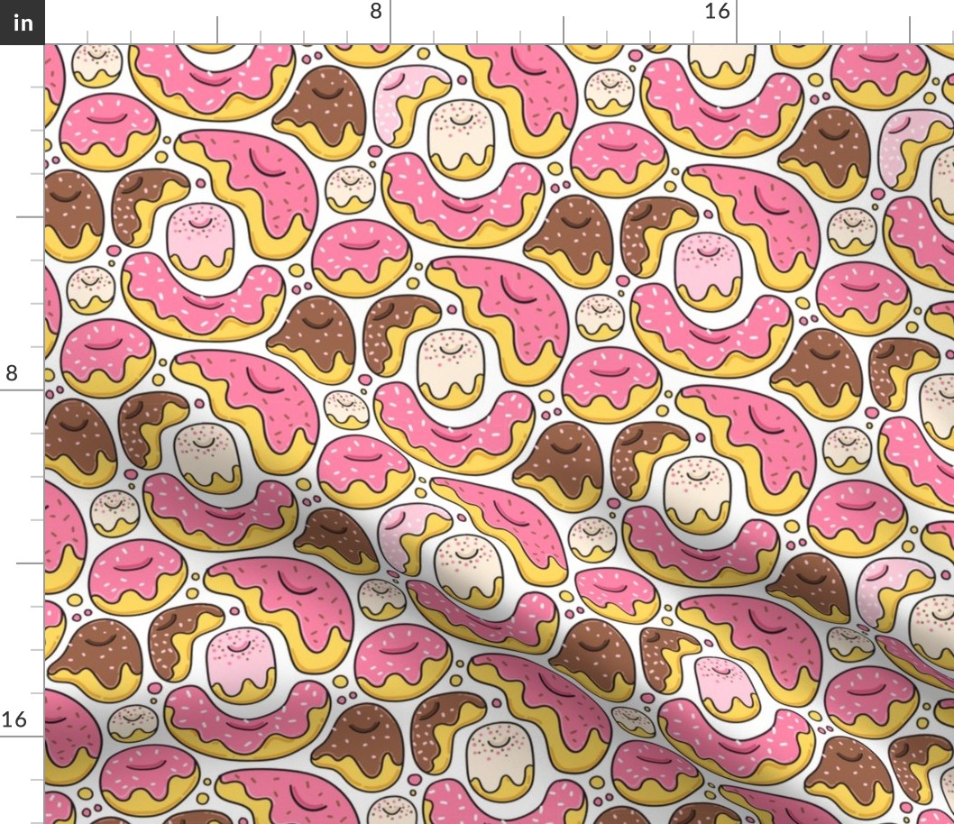 Cartoon liquid funny donuts pattern. Sweet pastry design. White.