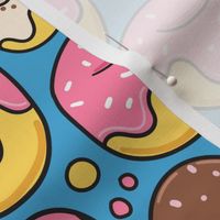 Cartoon liquid funny donuts pattern. Sweet pastry design. Blue.