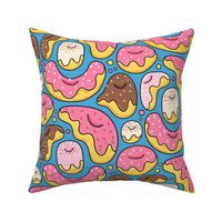 Cartoon liquid funny donuts pattern. Sweet pastry design. Blue.