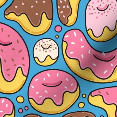 Cartoon liquid funny donuts pattern. Sweet pastry design. Blue.
