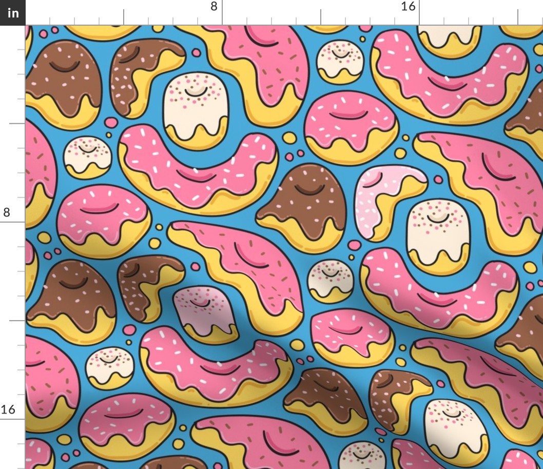 Cartoon liquid funny donuts pattern. Sweet pastry design. Blue.