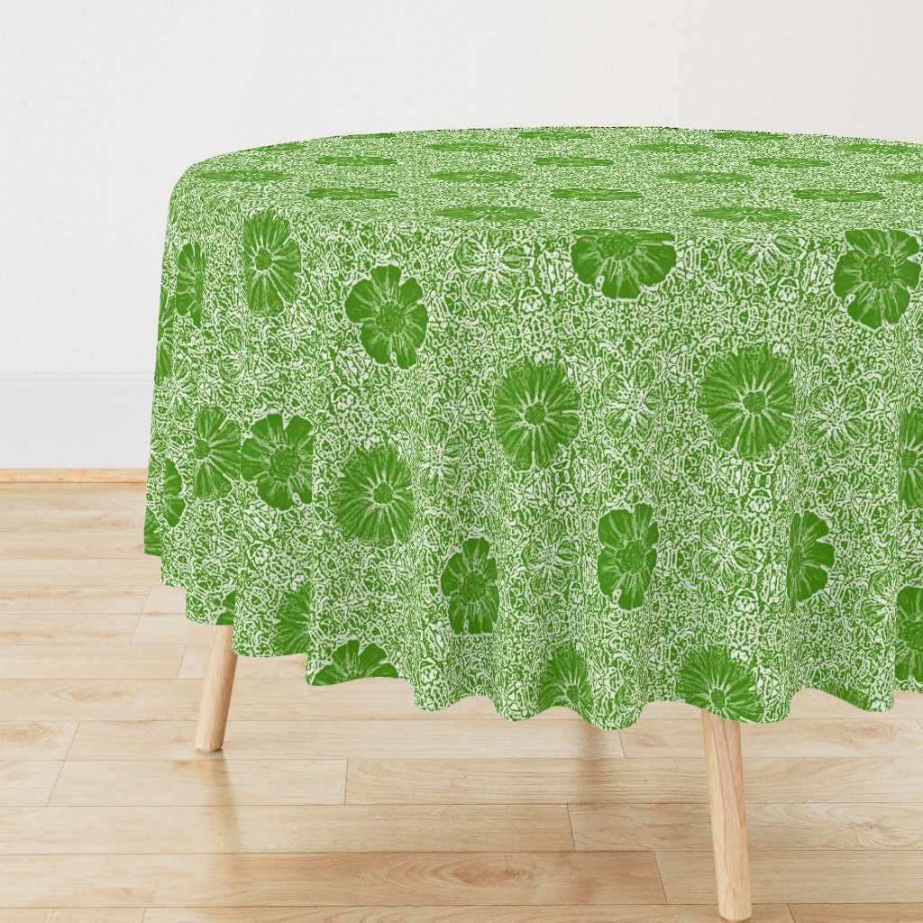 12" Hand painted Green Lace Exotic Floral on Ikat Batik