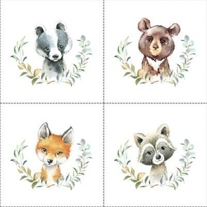 4" Nature Trails animal blocks (BEAR, DEER, BOBCAT, BADGER) with dotted cutting lines, DIY quilt