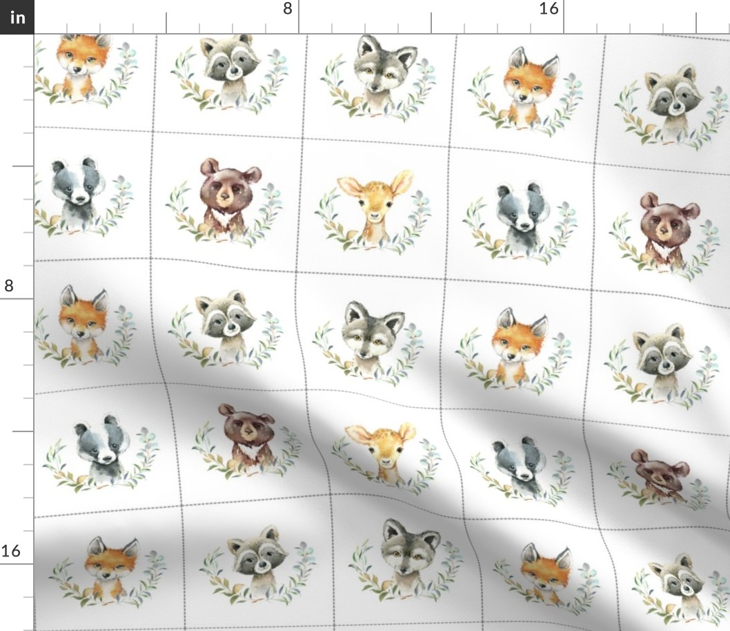 4" Nature Trails animal blocks (BEAR, DEER, BOBCAT, BADGER) with dotted cutting lines, DIY quilt