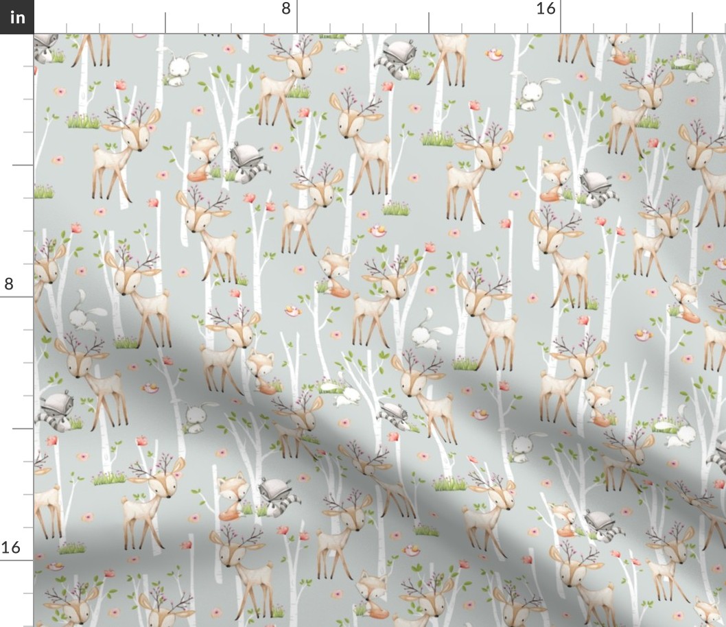 Sweet Woodland Animals (frost gray) Deer Fox Raccoon Birch Trees Flowers Baby Girl Nursery Blanket Sheets Bedding B