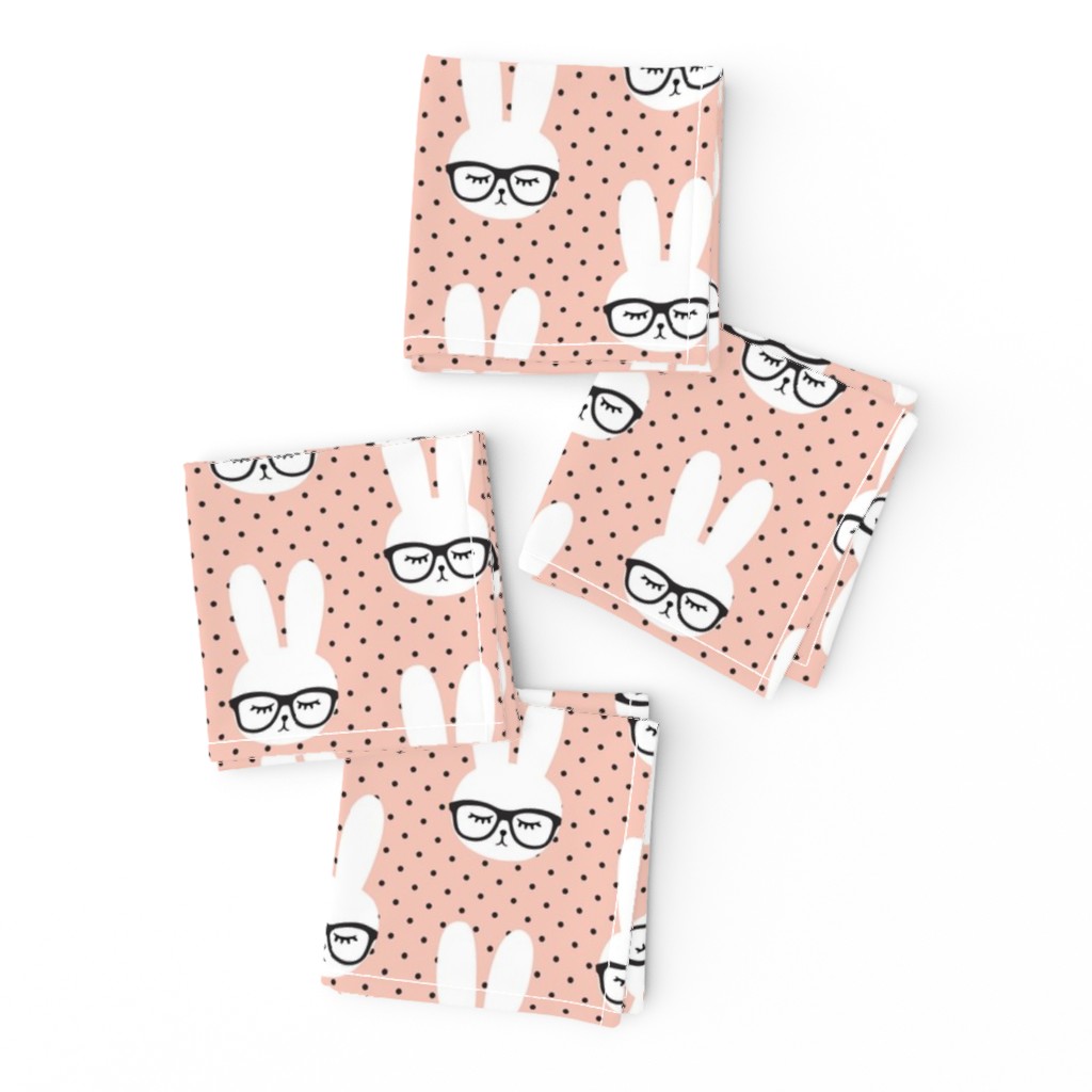 bunny with glasses - salmon peach polka