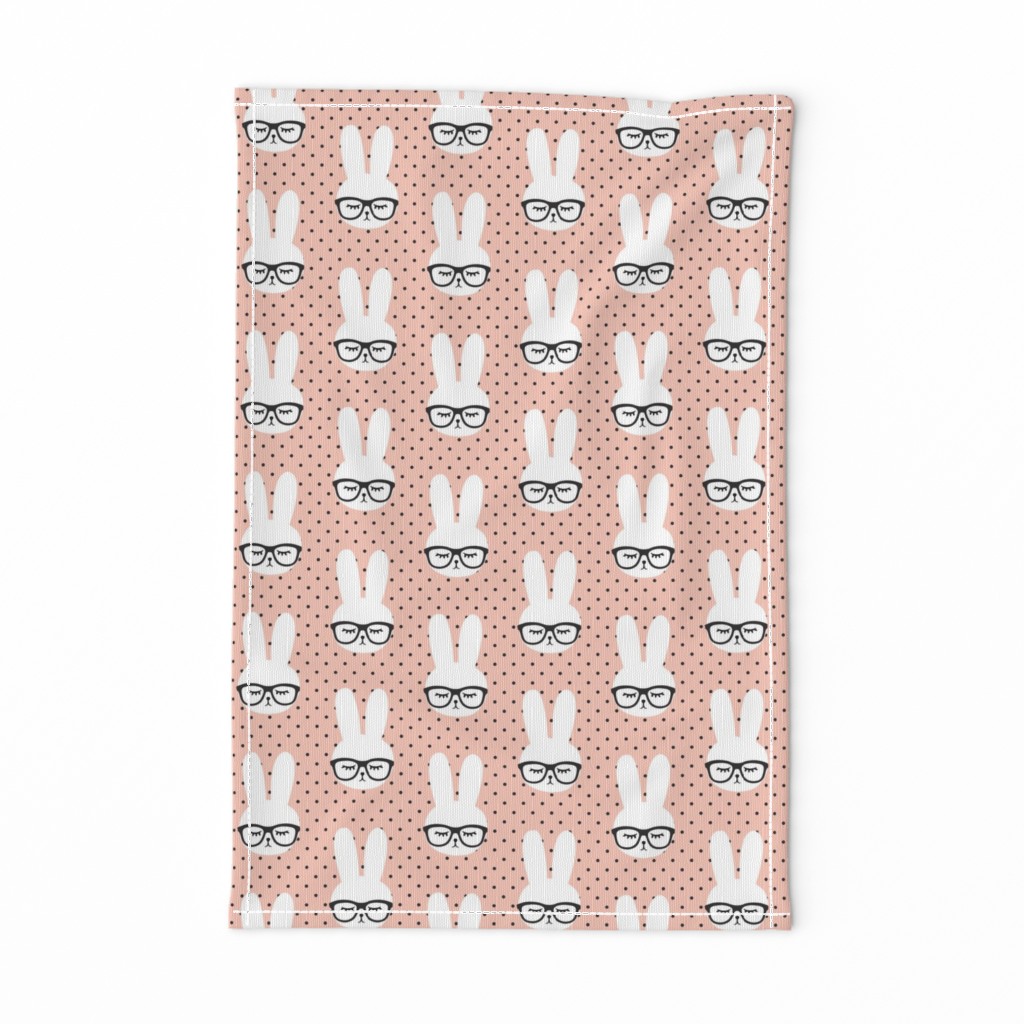 bunny with glasses - salmon peach polka