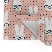 bunny with glasses - salmon peach polka