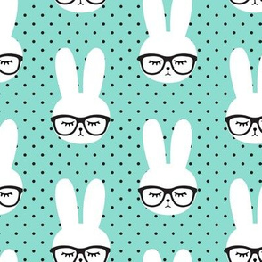 bunny with glasses - dark aqua polka