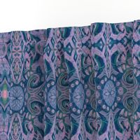 Curves & Lotus Flowers, Bohemian Arabesque Pattern, Lilac, Navy Blue Teal