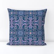 Curves & Lotus Flowers, Bohemian Arabesque Pattern, Lilac, Navy Blue Teal