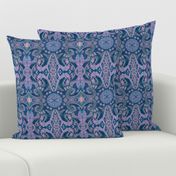 Curves & Lotus Flowers, Bohemian Arabesque Pattern, Lilac, Navy Blue Teal