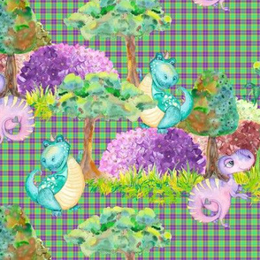 SMALL SCALE CUTE DINOS FAMILY ON GREEN ULTRA VIOLET PLAID TARTAN GINGHAM