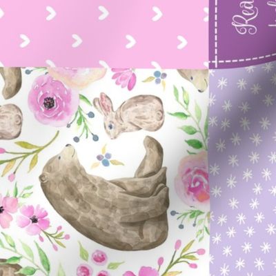 Little Lady Patchwork Quilt (ROTATED) - Woodland Bear + Bunny Floral Pink, Lilac + Blue Wholecloth Best Friends 2 Coordinate for Girls GingerLous