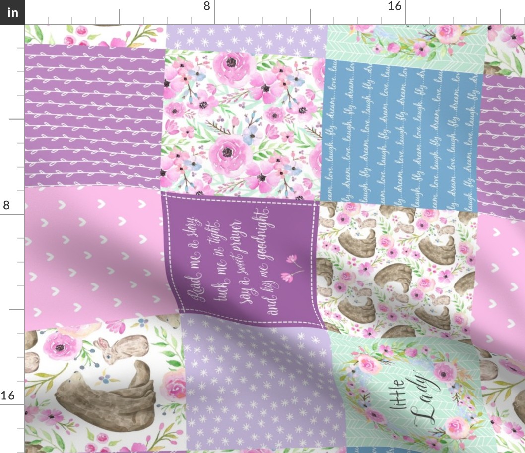Little Lady Patchwork Quilt (ROTATED) - Woodland Bear + Bunny Floral Pink, Lilac + Blue Wholecloth Best Friends 2 Coordinate for Girls GingerLous