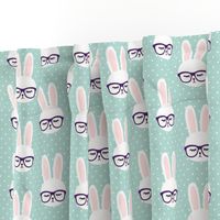 bunny with glasses - dark mint polka