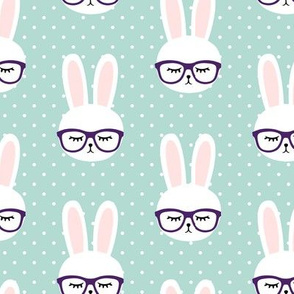 bunny with glasses - dark mint polka