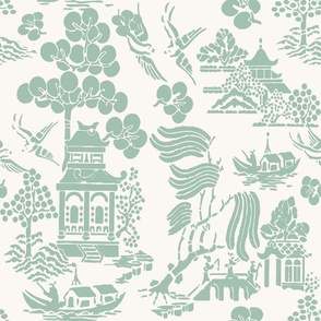 Chinoiserie Villages sage green on white
