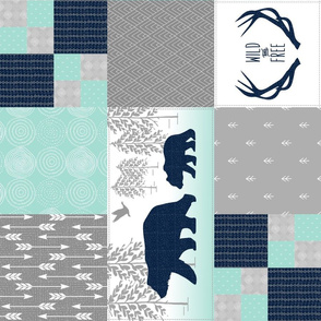 Bears Deer Antlers Wholecloth (rotated) – Wild and Free Cheater Quilt – Navy Gray Mint Design