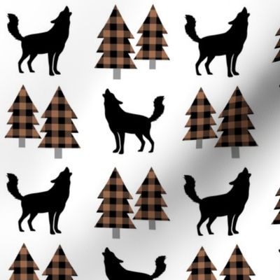 Wolf and Pine Trees (cowboy brown / black plaid)