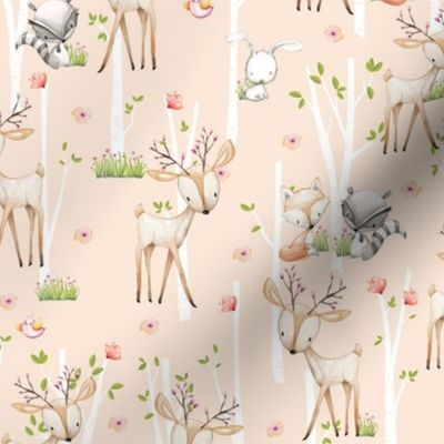 Sweet Woodland Animals (blush) Deer Fox Raccoon Birch Trees Flowers Baby Girl Nursery Blanket Sheets Bedding B