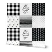 6 loveys: black buffalo check, oh how we wanted you, black arrow stripes, llamas, black gouache stripes, black x